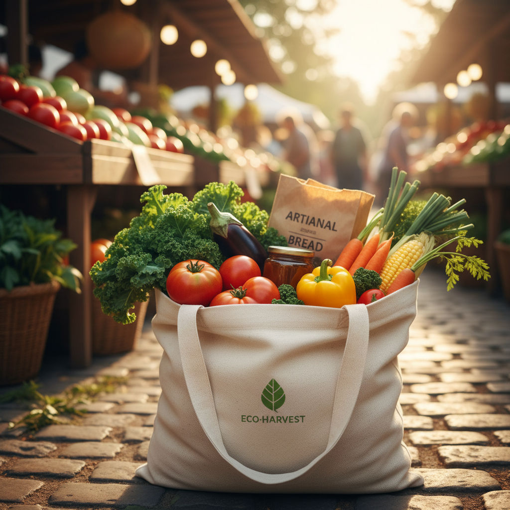 Bolsa reutilizable con verduras frescas en la feria