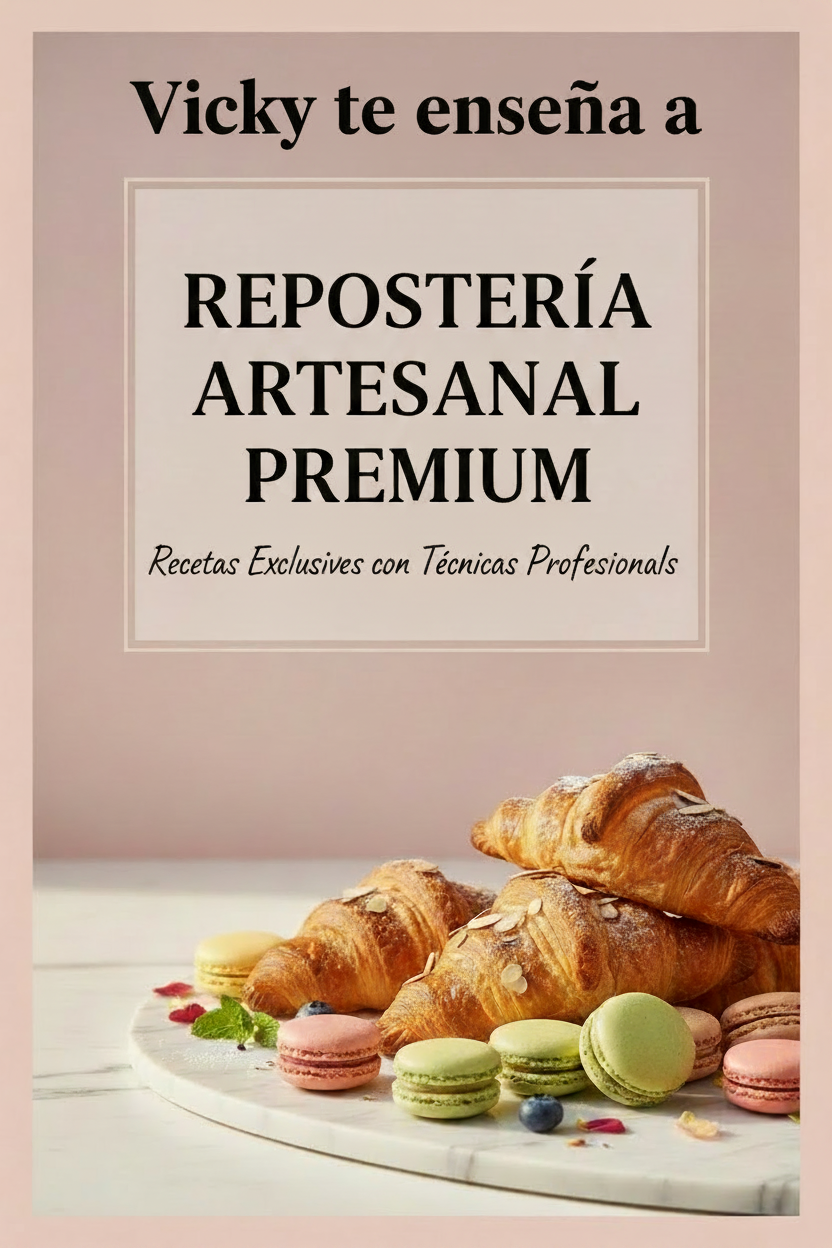 Portada ebook repostería artesanal con texto Vicky te enseña a en letras negras sobre fondo rosado