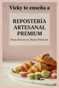 Portada ebook repostería artesanal con texto Vicky te enseña a en letras negras sobre fondo rosado
