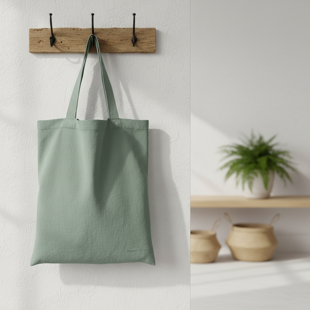 Bolsa reutilizable verde salvia colgada en gancho de madera