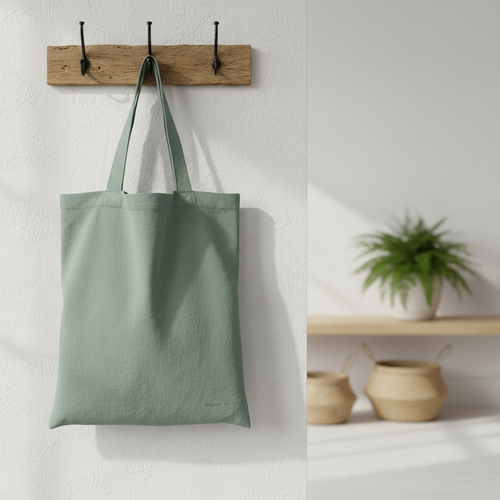 Bolsa reutilizable verde salvia colgada en gancho de madera