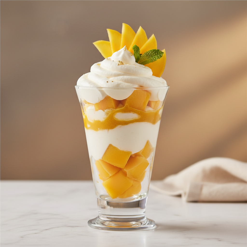 Postre de mango con crema en vaso